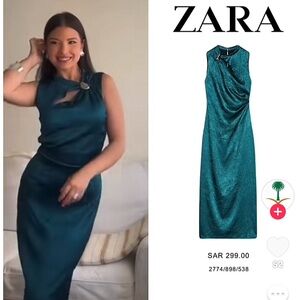 ZARA SATIN GOLD APPLIQUÉ MIDI DRESS XS NWT